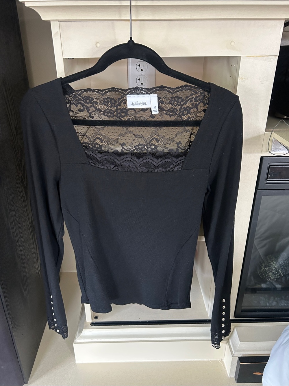 Black Lace-Inset Square Neck Long Sleeve Top